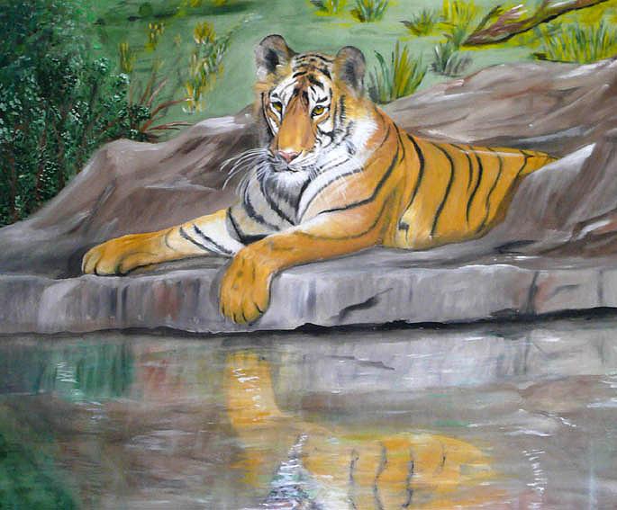 panneau en toile peinte :tigre au bord de l'eau