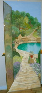 porte peinte en trompe l'oeil :jardin